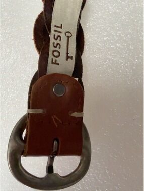 Fossil Brown Leather Braided Woven Belt Silver Buckle 46”